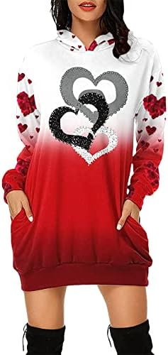Kadın sevgililer Günü Kazak elbise Aşk Kalp Grafik Tee Uzun Kollu kapüşonlu Gömlek Casual Mini elbise ile Cep
