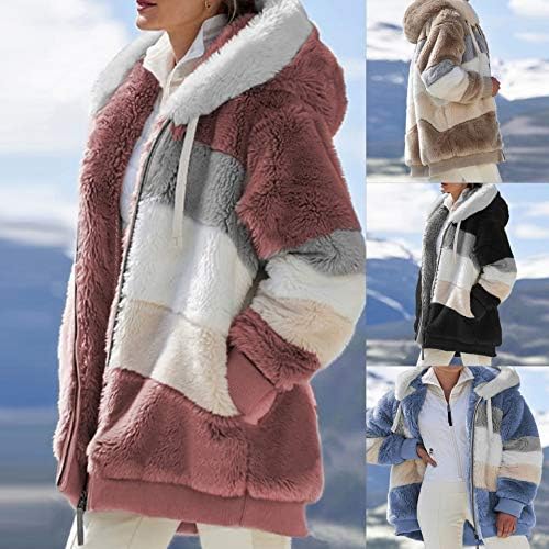 KLCH kadın Kontrast Kuzu Yün Yastıklı Ceket Kürk Kabarık Kapüşonlu Ceket Ceket Polar Kış Sıcak Palto Dış Giyim