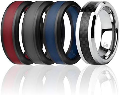 ROQ Klasik 8mm Tungsten Karbür Düğün Band Yüzük Erkekler için & 3 Silikon Yüzükler için İş / Spor / Yürüyüş-Karbon Fiber Tarzı