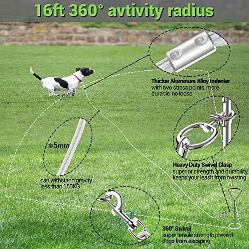 Köpek Kravat Kablosu ve Kazık, Yükseltilmiş Takviyeli Metal Çıtçıtlı Avlu için Köpek Tasma Kazığı, 16ft Köpek Zincirleri ve 125