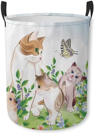 Depolama Sepeti, kedi Yavru Çiçek Çayır Alan Mutlu Kediler Aile ile Kelebek, katlanabilir Büyük Çamaşır Sepeti Kolları ile Ev