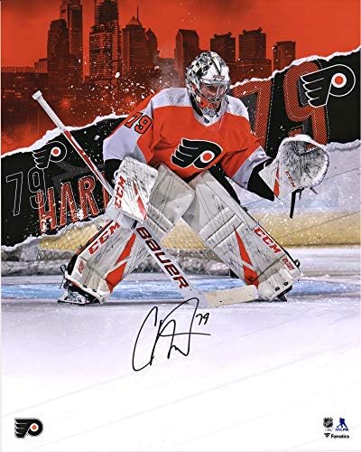Carter Hart Philadelphia Flyers İmzalı 16 x 20 Şehir Silüeti Stilize Fotoğraf-İmzalı NHL Fotoğrafları