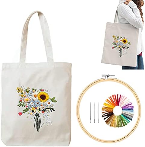 ZunLom Kremsi-Beyaz Tote Çanta Nakış Kiti ile Çiçek Desen ve Talimat Dahil Nakış Çanta, Bambu Nakış Çemberler, Renk Konuları