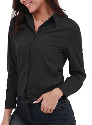Gemolly kadın Temel Düğme Aşağı Gömlek Uzun Kollu Artı Boyutu Basit Streç Resmi Rahat Gömlek Bluz