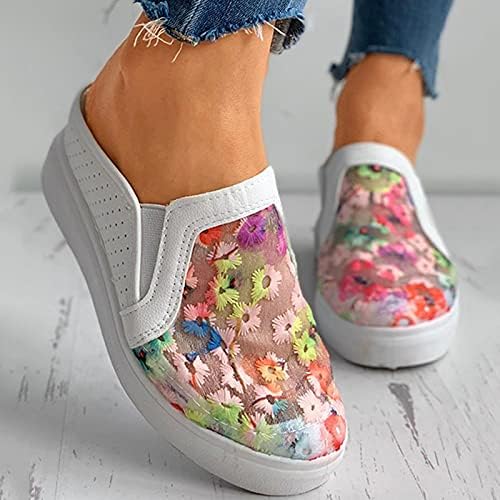ZiSUGP Kanvas Ayakkabılar Kadınlar için Geniş Genişlik Vintage Çiçek Desen Mesh Hollow Out Slip On Casual Ayakkabı