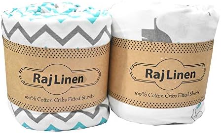 Rajlinen 100 % Organik Pamuk Donatılmış Taşınabilir / Mini-Beşik Levha, Beşik Yatak / Toddler Çarşaf Zig Zag & Fil - (2 Paketi),