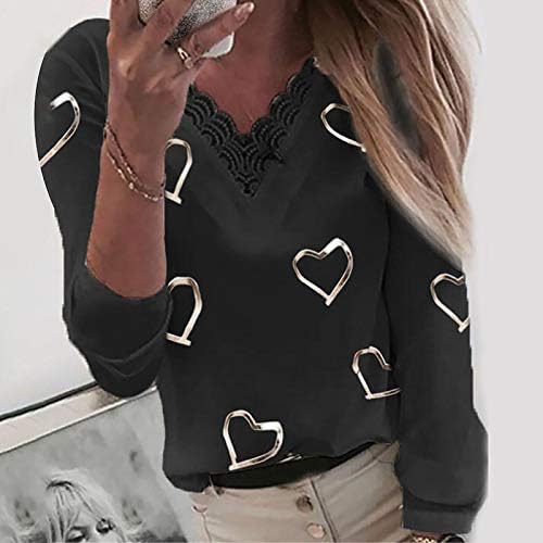 Kadın Moda Tişörtü Kalpler Baskı V Boyun Dantel Patchwork Kazaklar Uzun Kollu Düz Renk T-Shirt Artı Boyutu Tops