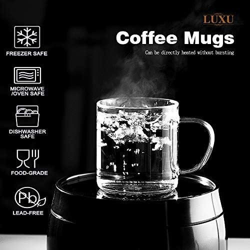 LUXU Cam Kahve Çay Kupaları 2 Set, Sıcak veya Soğuk İçecekler için Şeffaf Kahve Fincanları, Büyük Geniş Ağızlı İçme Bardakları,Mocha,Latte,Süt,Cappuccino,
