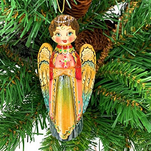 Asılı Noel Ağacı Süsleme Süsleme Melek 4,72 (12 cm) Heykelcik, Sergiev Posad'dan Rus Ustalar tarafından Oyulmuş ve Boyanmıştır.