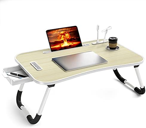Dizüstü Bilgisayar için Tur Masası, Portatif Katlanabilir Yatak Masası, USB Şarj Bağlantı Noktası/Tutamak/Depolama Çekmecesi/Bardak