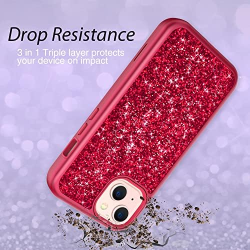 Coolwee Glitter Tam Koruyucu Kılıf Uyumlu iPhone 13 Ağır Hibrid 3 in 1 Sağlam Darbeye Dayanıklı Kadın Kızlar Gül Kırmızı Apple