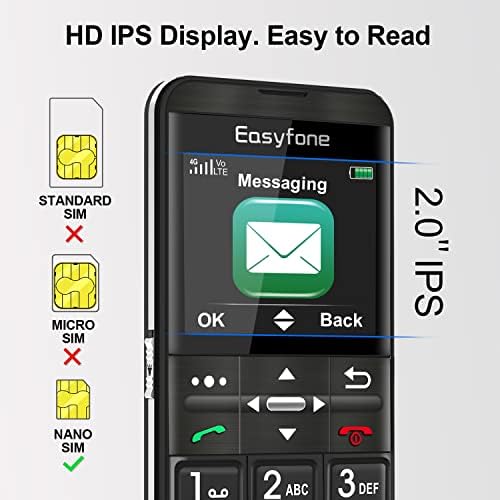 Easyfone Prime - A7 4G Unlocked Büyük Düğme Kıdemli Cep Telefonu, SOS Düğmesi, GPS, İşitme Cihazı Uyumlu ve Şarj Yuvası, FCC