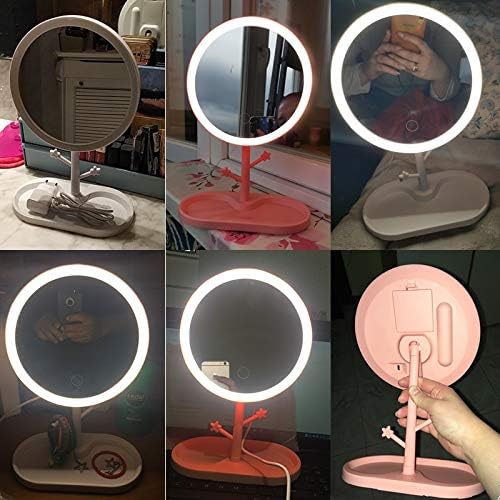 FFLJT LED makyaj aynası ışık Bayanlar makyaj Lambası Depolama Masaüstü Dönen Ayna Yuvarlak Şekil Kozmetik Aynalar (Renk: A)
