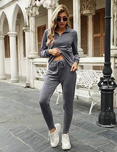 Irevıal kadın Zip Up V Boyun Ezilmiş Kadife Eşofman Rahat Eşofman Cepler ile Pijama Set