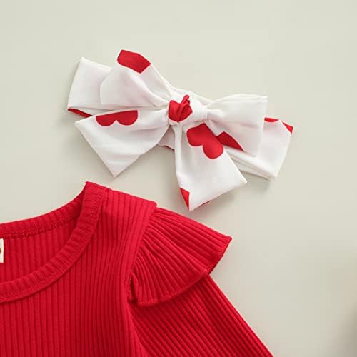Bebek Bebek Kız sevgililer Günü Kıyafet Örgü Kırmızı Ruffles Romper Bodysuit Aşk Kalp Askı Şort Bandı Giyim Seti