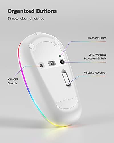 Nulea LED Bluetooth Fare, 2.4 G Şarj Edilebilir Kablosuz Fare Çift Modlu (Bluetooth 5.0 + USB), USB Alıcılı Dizüstü Bilgisayar