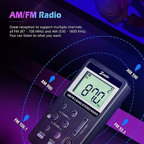 Zeadio Cep Radyosu, Şarj Edilebilir Pil ve Kulaklık ile Taşınabilir Mini AM FM Alıcısı (Siyah)