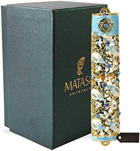 Matashi 6 El Boyalı Emaye Mezuzah ile Süslenmiş bir Sarmaşık ve Çiçekler Tasarım ile Altın Aksan Mavi Kristaller