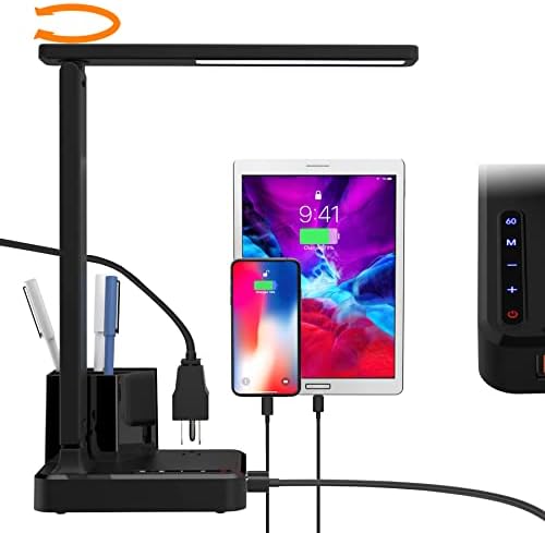 COZOO LED Masa Lambası 2 USB Şarj Portu,1 AC Çıkışı,2 Kalemlik,3 Renk Sıcaklığı 3 Parlaklık Seviyesi,Dokunmatik/Bellek/Zamanlayıcı
