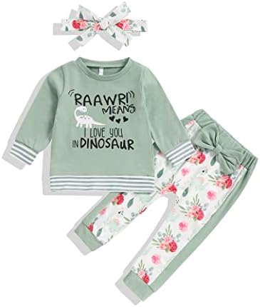 Xuuly Toddler Bebek Kız Giysileri Dinozor Giysileri Kız Komik Mektup Üst Çiçek Pantolon Kafa Bandı ile Kız Güz Seti