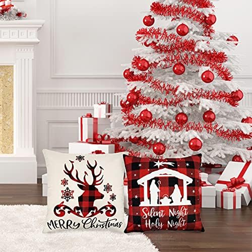 Ouddy Noel Yastık Kapakları 18x18 4 Set, Keten Kırmızı Beyaz Noel Atmak Yastık Kapakları Merry Christmas Yastıklar Tatil Kılıfları