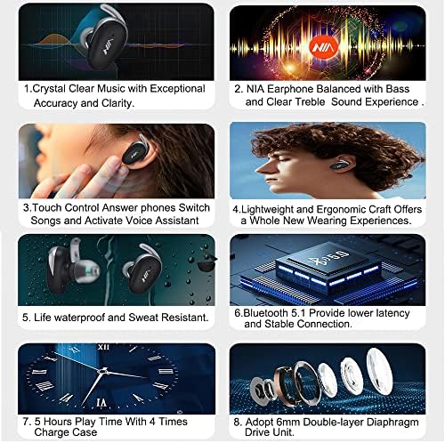 NIA Kablosuz Kulaklıklar, Şarj Kılıflı Bluetooth 5.1 Kulak İçi Kulaklıklar, Gerçek Kablosuz Dokunmatik Kontrol Stereo Kulaklıklar