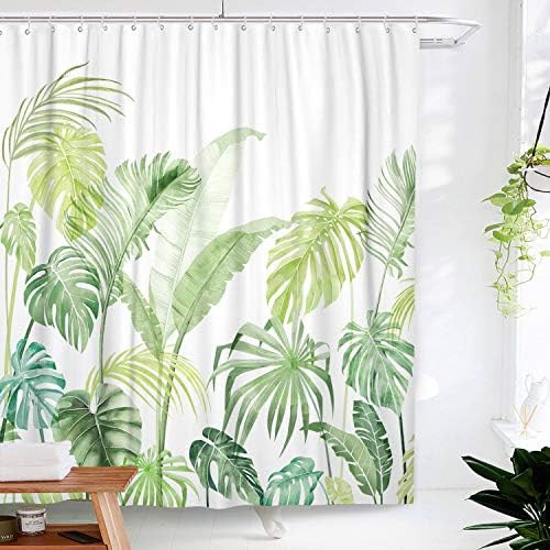 Lifeel Tropikal Duş Perdesi, Yapraklar Orman Duş Perdesi Palmiye Banyo duş perdesi seti Ağır 12 Kanca ile, yeşil Beyaz 72 x 72