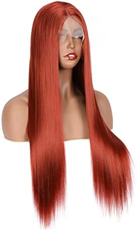 Hıng 26 İnç Turuncu Kırmızı uzun ipeksi Düz sentetik dantel ön peruk Siyah Kadınlar için Günlük Cosplay ısıya dayanıklı (Renk: