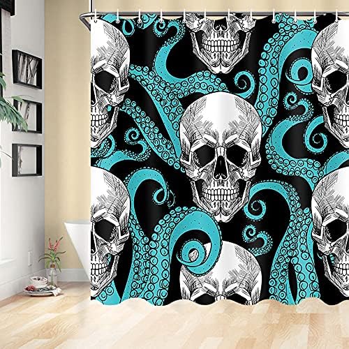 Kafatası Duş Perdesi, komik Mavi Ahtapot ve Şeker Kafatası Tasarım Banyo Kumaş Duş Perdeleri, 69X70 İnç
