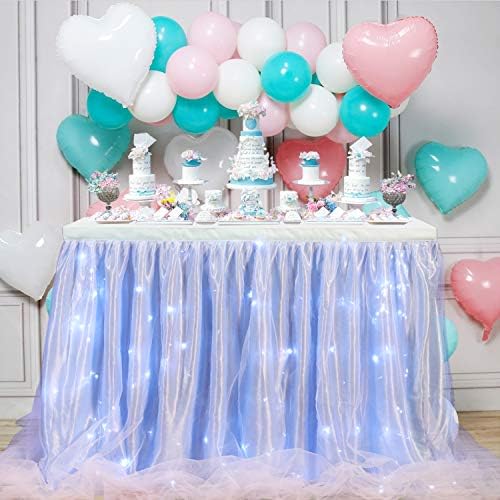 Pembe Tül Masa etek fırfır masa örtüsü Dikdörtgen veya yuvarlak masa için LED dize ışıkları ile, noel, düğün, doğum günü, bebek