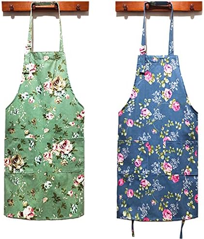 HOMKIN Kadın Mutfak Önlüğü - 2 Paket, Pamuk Kanvas Çiçek Önlük, çiçek Desen Önlük Kadınlar için Cepler ile Şef Önlüğü (Yeşil