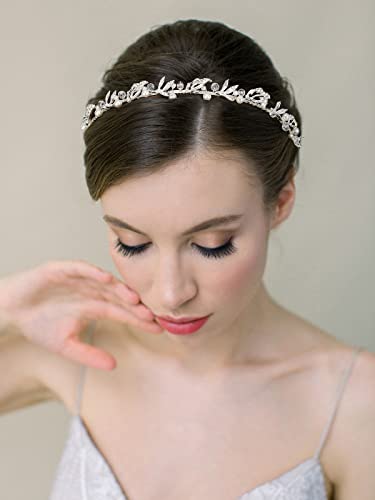SWEETV Gümüş Gelin Kafa Bandı Kristal Yaprak Düğün Headpieces Gelin Saç Bandı Inci Tiara Çiçek Kız Saç Aksesuarları