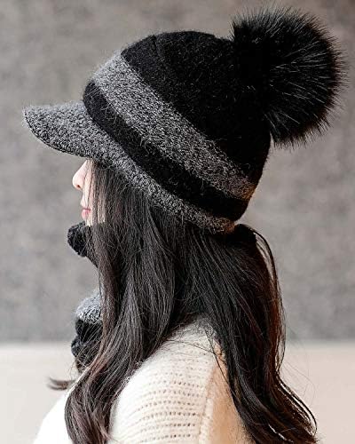 Yeni Kadın Sıcak Kablo Örgü Bere Şapka Vizör Ağız Kış Kar Kap Pom Polar Eşarp Seti