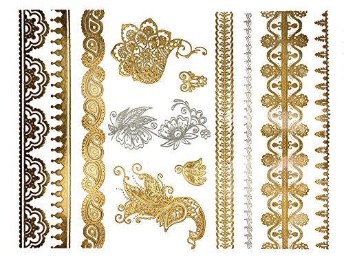 Terra Dövmeler Altın Gümüş Metalik Geçici Dövmeler 75 + Boho Kına Tasarımları Mandalalar, Çiçekler, Kelebekler Su Geçirmez Toksik