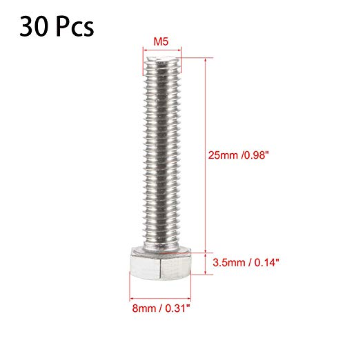 30 Adet M5 Altıgen Cıvata M5-0.8 x 25mm UNC Altıgen Başlı Vida Cıvataları A2-70 (304) Paslanmaz Çelik Tam Dişli Altıgen Musluk