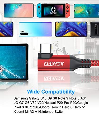 Akoada Dik Açı USB C Kablosu (2 Paket 10ft), USB Tip C Naylon Örgülü Hızlı Şarj Kablosu Samsung Galaxy S20 S10 S10e S9 S8 Artı
